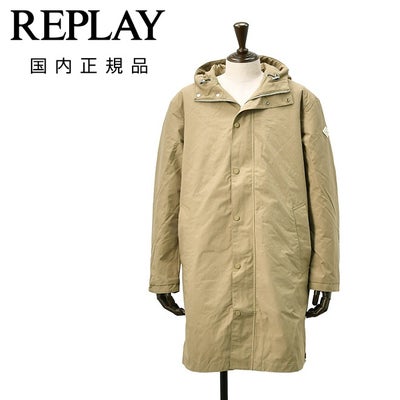 【ファイナルクリアランス20】リプレイREPLAY中綿フーディーコートメンズロングパデッドジャケットワックスコットンナイロン生地ベージュオーバーサイズブランドダイヤモンドロゴ釦付きサイドベンツ仕様国内正規品でらでら公式ブランド