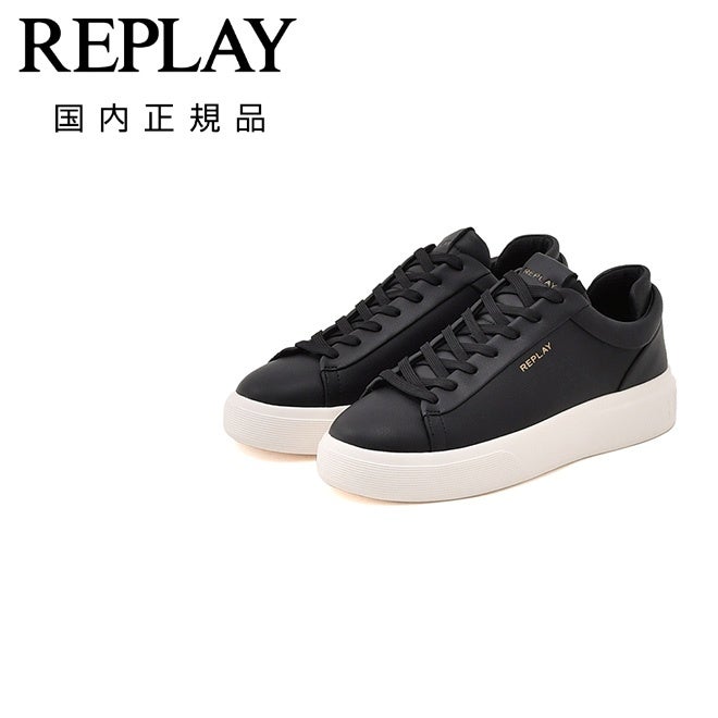 【ファイナルクリアランス20】リプレイREPLAYレザースニーカーメンズレースアップシューズカーフレザーブラック黒型押しブランドロゴデザイン厚底ラバーソールヒールブランドパッチ国内正規品でらでら公式ブランド