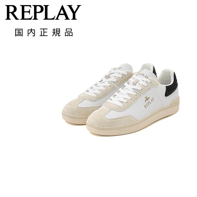 リプレイREPLAYレザースニーカーメンズレースアップシューズPiperDualパイパーデュアルカーフレザーホワイト白ブランドレタリングプリントフラットラバーソールパンチング国内正規品でらでら公式ブランド