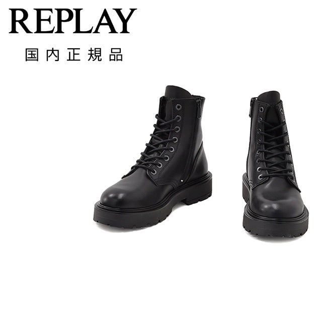 【ファイナルクリアランス20】リプレイREPLAYマウンテンブーツメンズレースアップレザーブーツカーフレザーブラック黒ラグパターンソールハイカット型押しブランドロゴ国内正規品でらでら公式ブランド