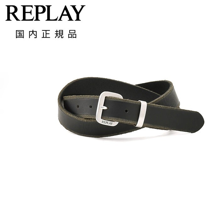 リプレイREPLAYレザーベルトメンズ水牛革ベルトバッファローレザーブラック黒ロゴデザインシルバーバックル3cm幅プレゼントギフト長さ調節不可国内正規品でらでら公式ブランド