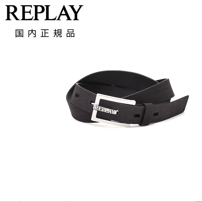 リプレイREPLAYレザーベルトメンズスクエアバックルベルトヌバックレザーブラック黒ロゴデザインプロング3cm幅プレゼントギフト長さ調節不可国内正規品でらでら公式ブランド