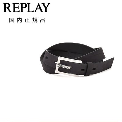 リプレイREPLAYレザーベルトメンズスクエアバックルベルトヌバックレザーブラック黒ロゴデザインプロング3cm幅プレゼントギフト長さ調節不可国内正規品でらでら公式ブランド