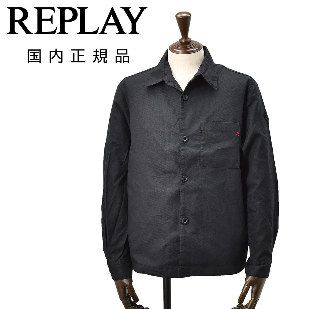リプレイREPLAYシャツブルゾンメンズシャツアウターリネンコットンツイルブラック黒左袖ブランドワッペン胸ポケット付きルーズフィット国内正規品でらでら公式ブランド