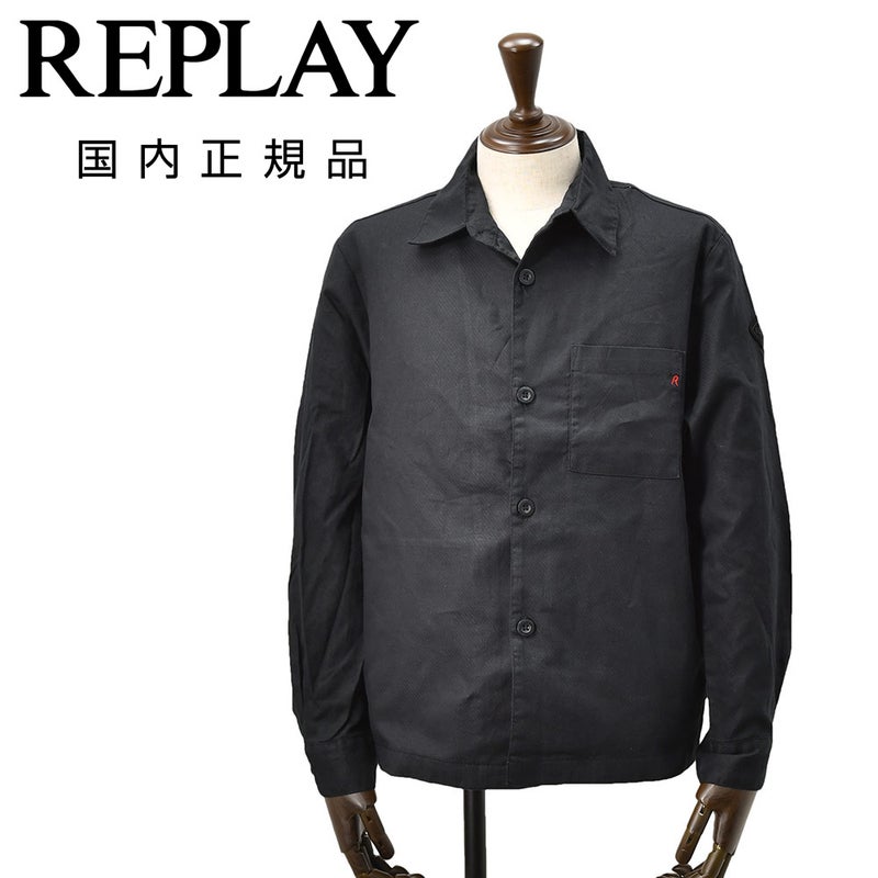 リプレイREPLAYシャツブルゾンメンズシャツアウターリネンコットンツイルブラック黒左袖ブランドワッペン胸ポケット付きルーズフィット国内正規品でらでら公式ブランド