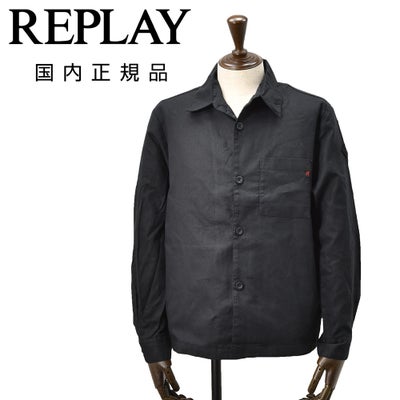 リプレイREPLAYシャツブルゾンメンズシャツアウターリネンコットンツイルブラック黒左袖ブランドワッペン胸ポケット付きルーズフィット国内正規品でらでら公式ブランド