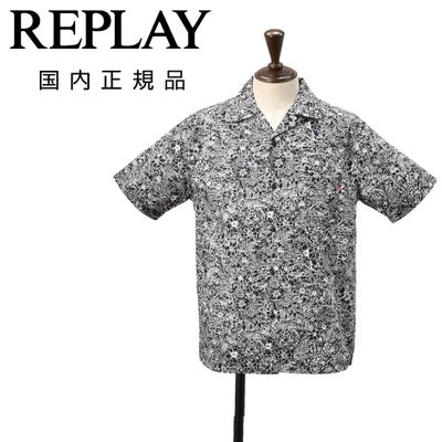 リプレイREPLAY開襟シャツメンズ半袖アロハシャツコットンポプリンネイビー×ホワイトボタニカル柄プリントオープンカラーリラックスフィット国内正規品でらでら公式ブランド