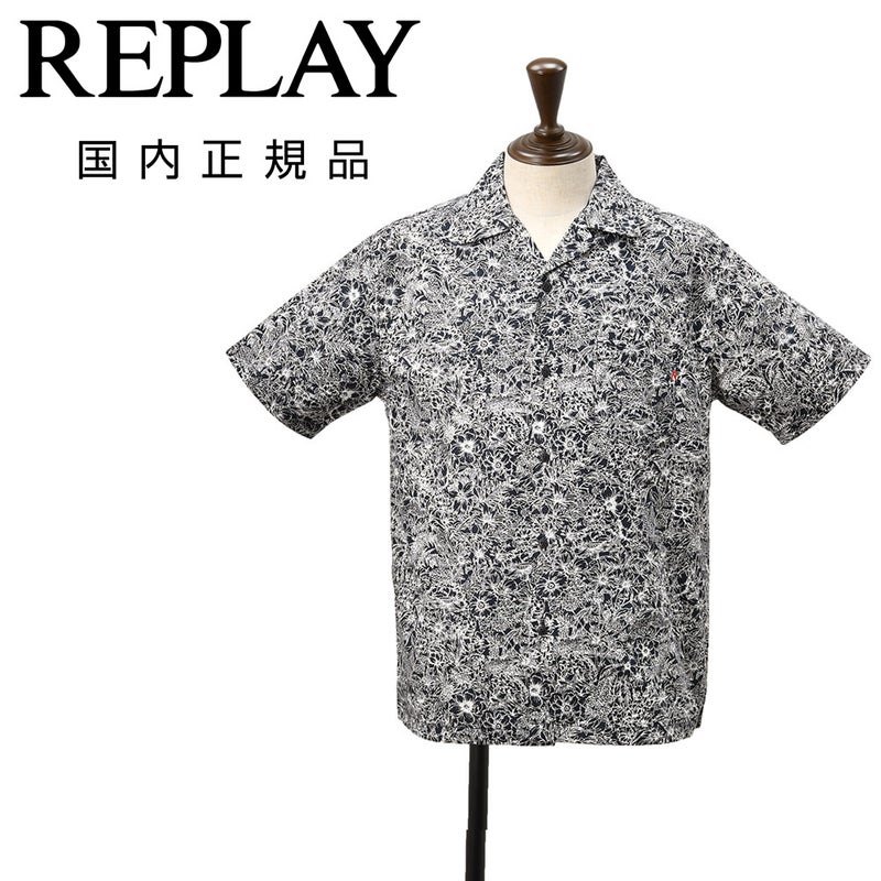 リプレイREPLAY開襟シャツメンズ半袖アロハシャツコットンポプリンネイビー×ホワイトボタニカル柄プリントオープンカラーリラックスフィット国内正規品でらでら公式ブランド