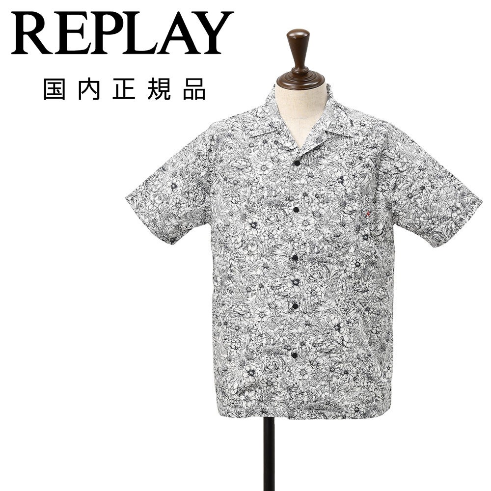 リプレイREPLAY開襟シャツメンズ半袖アロハシャツコットンポプリンホワイト×ネイビーボタニカル柄プリントオープンカラーリラックスフィット国内正規品でらでら公式ブランド
