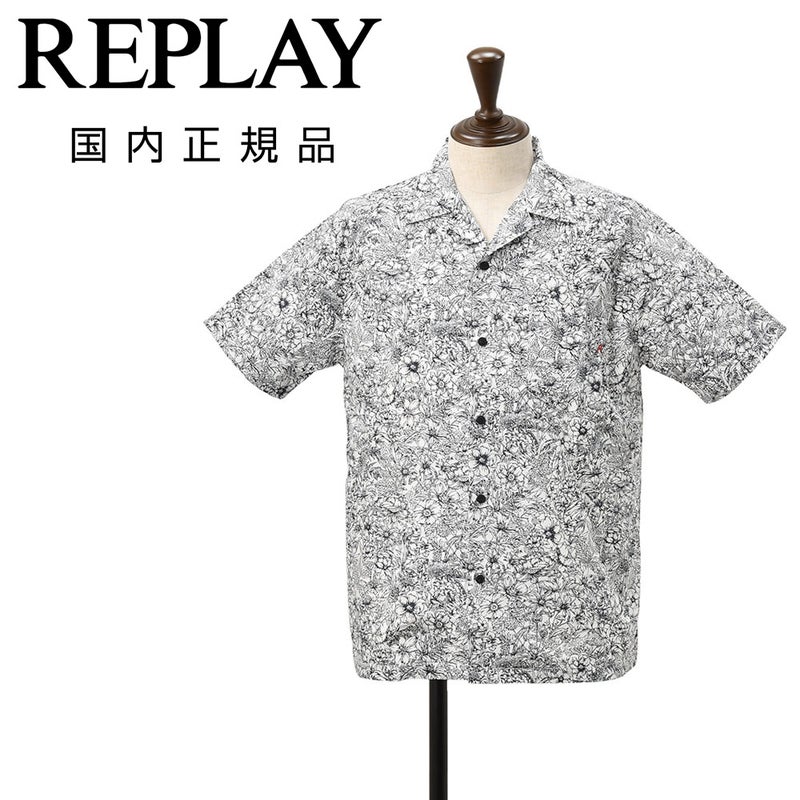 リプレイREPLAY開襟シャツメンズ半袖アロハシャツコットンポプリンホワイト×ネイビーボタニカル柄プリントオープンカラーリラックスフィット国内正規品でらでら公式ブランド