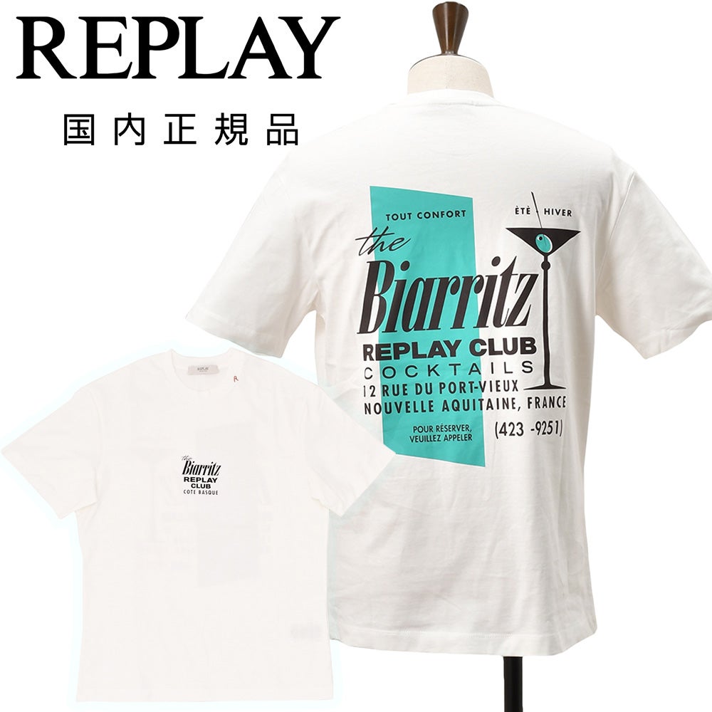 リプレイREPLAY半袖Ｔシャツメンズクルーネックカットソーピュアコットンジャージーホワイト白ロゴプリントバックカクテルプリントガーメントダイレギュラーフィット国内正規品でらでら公式ブランド