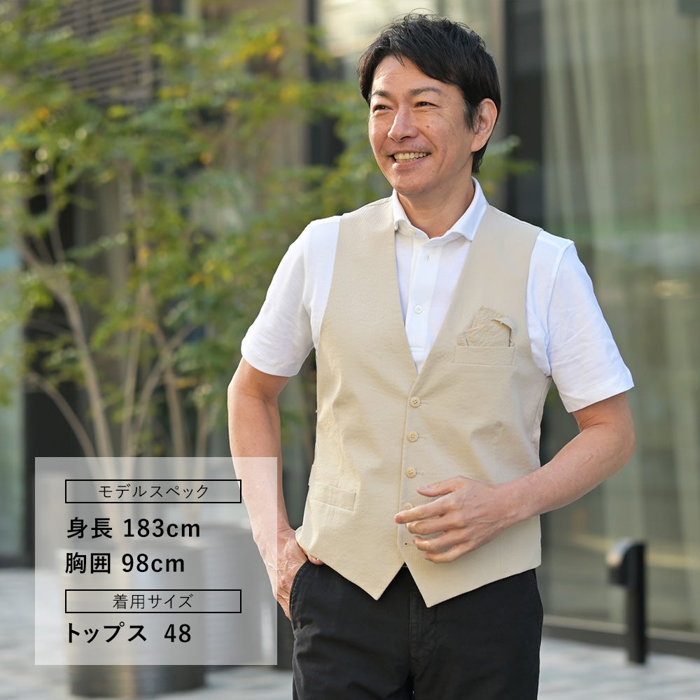 ジャンネットGIANNETTOシングルジレメンズベストGILETシアサッカー生地ライトグレー軽量総裏地同素材チーフ付属イタリア製国内正規品でらでら公式ブランド