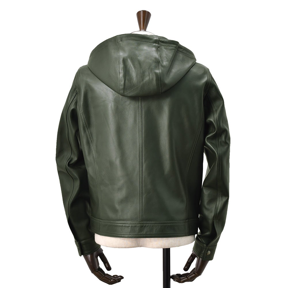 エンメティEMMETIフーディーレザージャケットメンズレザーブルゾンJURIHOODIEユリフーディーラムスキンレザーナッパチェラータダークグリーンスリムフィット0.7mm厚国内正規品でらでら公式ブランド
