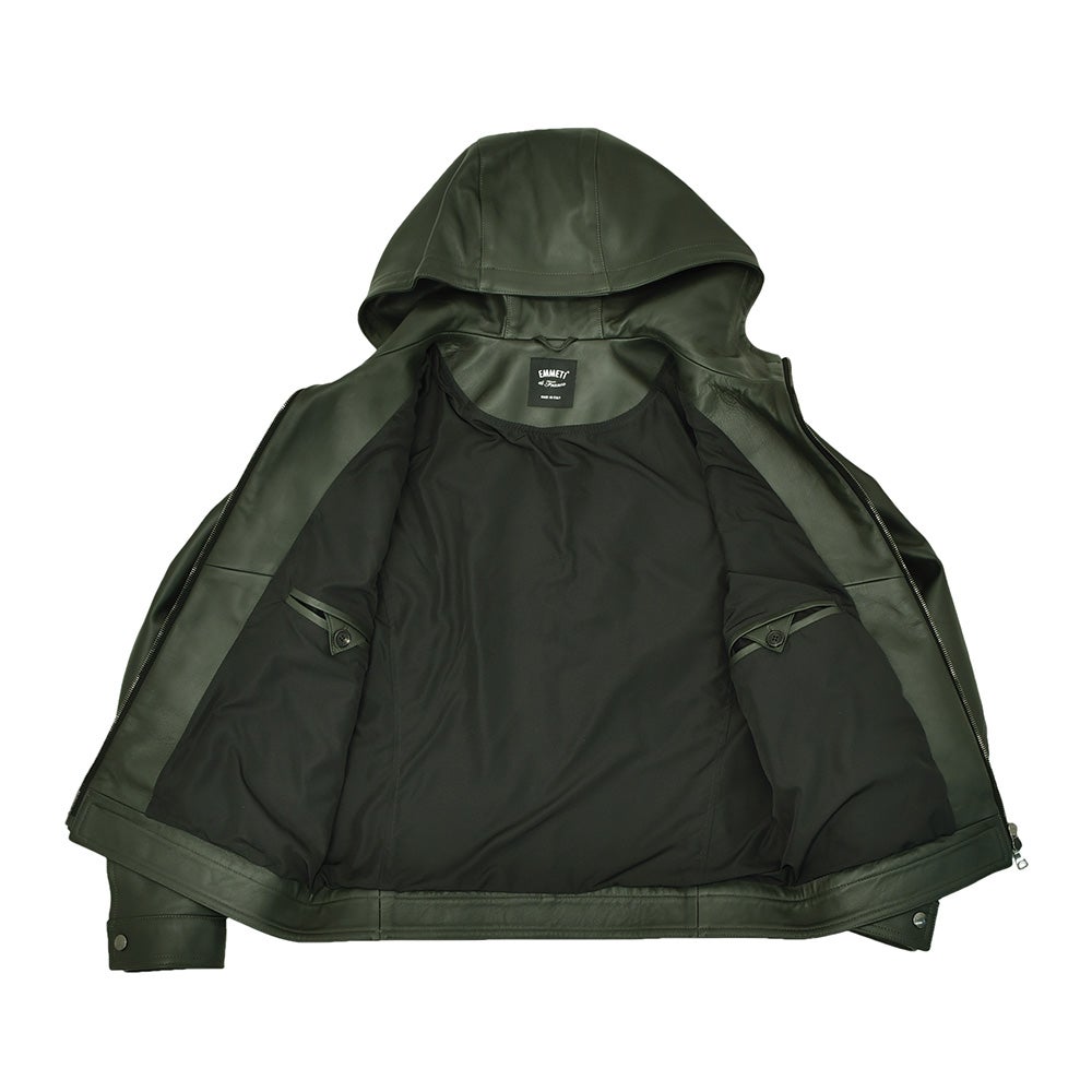 エンメティEMMETIフーディーレザージャケットメンズレザーブルゾンJURIHOODIEユリフーディーラムスキンレザーナッパチェラータダークグリーンスリムフィット0.7mm厚国内正規品でらでら公式ブランド