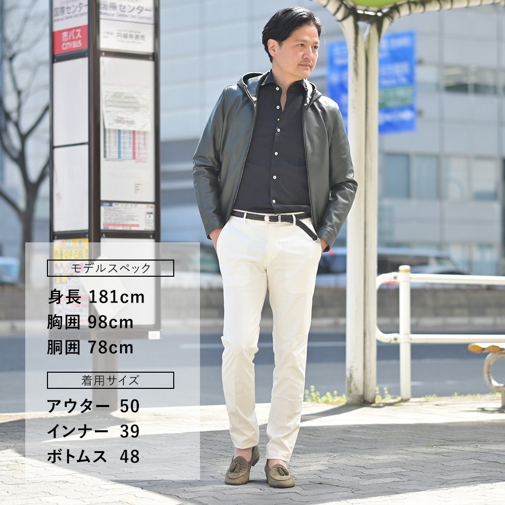 エンメティEMMETIフーディーレザージャケットメンズレザーブルゾンJURIHOODIEユリフーディーラムスキンレザーナッパチェラータダークグリーンスリムフィット0.7mm厚国内正規品でらでら公式ブランド