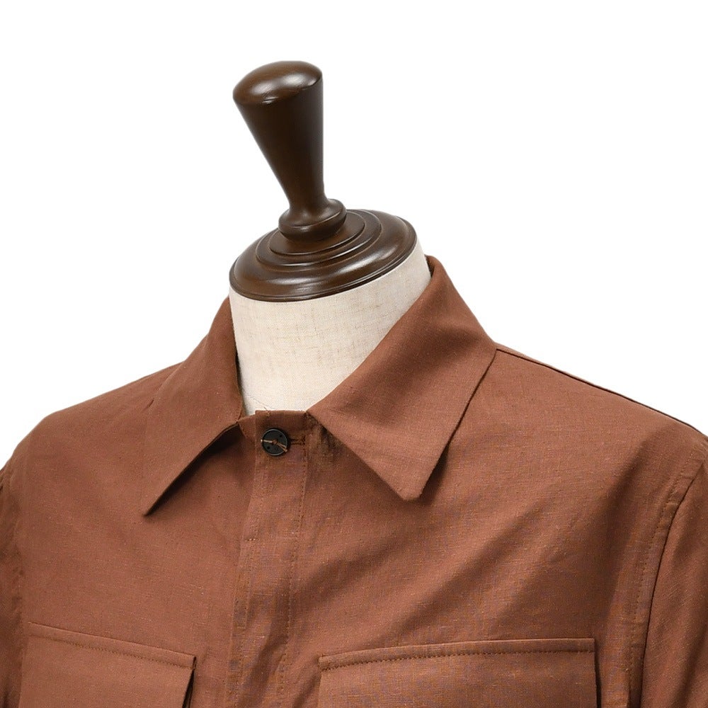 イーヴォHEVOシャツアウターメンズワークブルゾンSPECCHIOLLAスペッキオッラリネンレーヨンレッドブラウンフラップ付き胸ポケットリラックスフィット薄手国内正規品でらでら公式ブランド