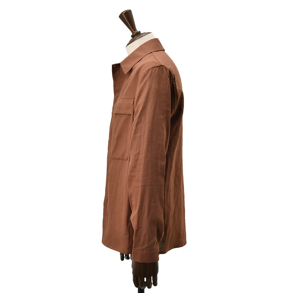 イーヴォHEVOシャツアウターメンズワークブルゾンSPECCHIOLLAスペッキオッラリネンレーヨンレッドブラウンフラップ付き胸ポケットリラックスフィット薄手国内正規品でらでら公式ブランド