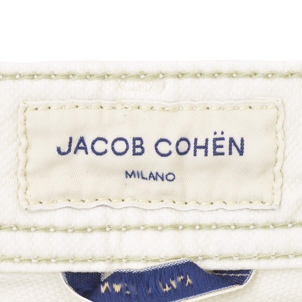 ヤコブコーエンJACOBCOHENコットンパンツメンズチノパンツバーズアイ柄BARDバードモデルコットンストレッチオフホワイト白スリムストレートゴートレザーバックパッチ国内正規品でらでら公式ブランド