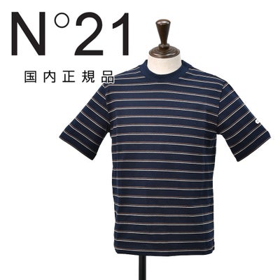 ヌメロヴェントゥーノN°21半袖TシャツメンズクルーネックニットソーF032-4980コットン鹿の子編みネイビー紺ボーダー柄左袖ブランド織りタグレギュラーフィット国内正規品でらでら公式ブランド