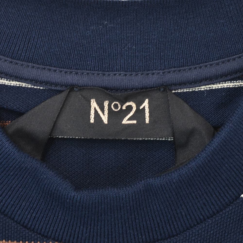 ヌメロヴェントゥーノN°21半袖TシャツメンズクルーネックニットソーF032-4980コットン鹿の子編みネイビー紺ボーダー柄左袖ブランド織りタグレギュラーフィット国内正規品でらでら公式ブランド