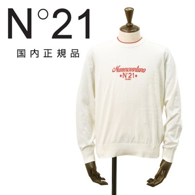 ヌメロヴェントゥーノN°21長袖サマーニットメンズクルーネックニットA011-9503コットン生地オフホワイト白ジャガードロゴハイゲージレギュラーフィット国内正規品でらでら公式ブランド