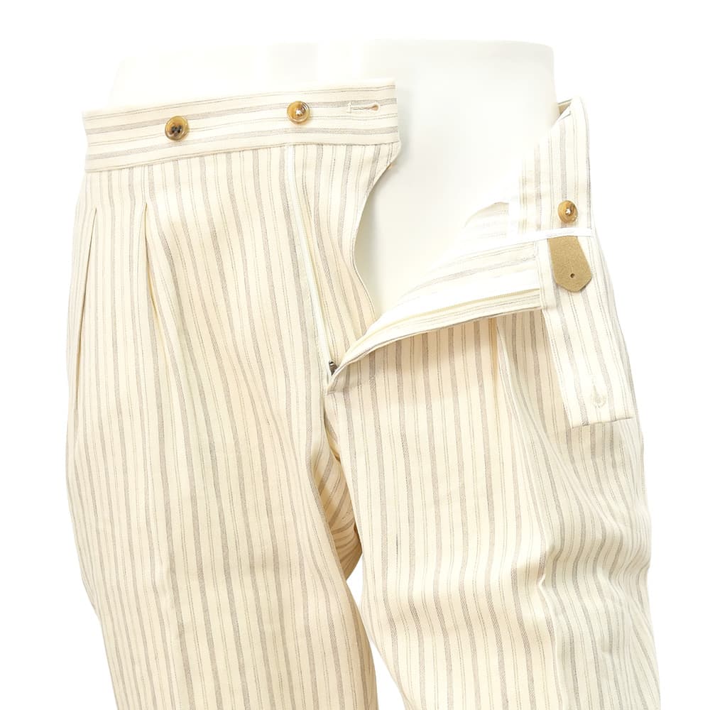 ベルウィッチBERWICHストライプ柄スラックスメンズリネンコットンパンツSCOTCHスコッチ2インプリーツパンツアイボリーアジャスター調節ワイドテーパードクロップド丈国内正規品でらでら公式ブランド