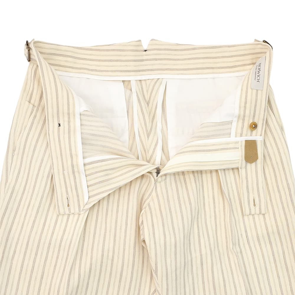 ベルウィッチBERWICHストライプ柄スラックスメンズリネンコットンパンツSCOTCHスコッチ2インプリーツパンツアイボリーアジャスター調節ワイドテーパードクロップド丈国内正規品でらでら公式ブランド