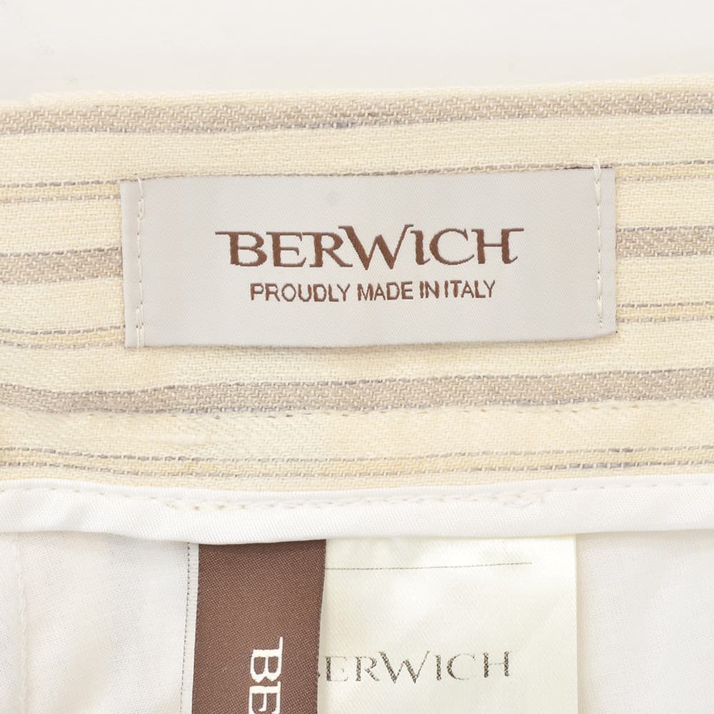 ベルウィッチBERWICHストライプ柄スラックスメンズリネンコットンパンツSCOTCHスコッチ2インプリーツパンツアイボリーアジャスター調節ワイドテーパードクロップド丈国内正規品でらでら公式ブランド