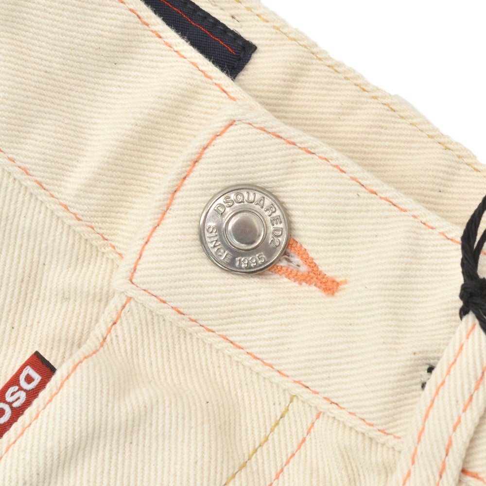 ディースクエアードDSQUARED2デニムパンツメンズコットン100％デニム642JEANアイボリー生成りストレートレッグレザーバックパッチオレンジステッチ国内正規品でらでら公式ブランド