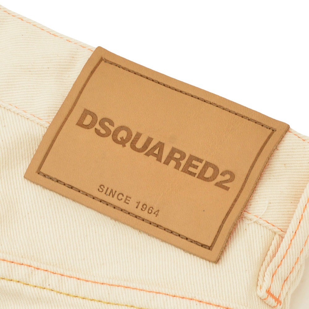 ディースクエアードDSQUARED2デニムパンツメンズコットン100％デニム642JEANアイボリー生成りストレートレッグレザーバックパッチオレンジステッチ国内正規品でらでら公式ブランド