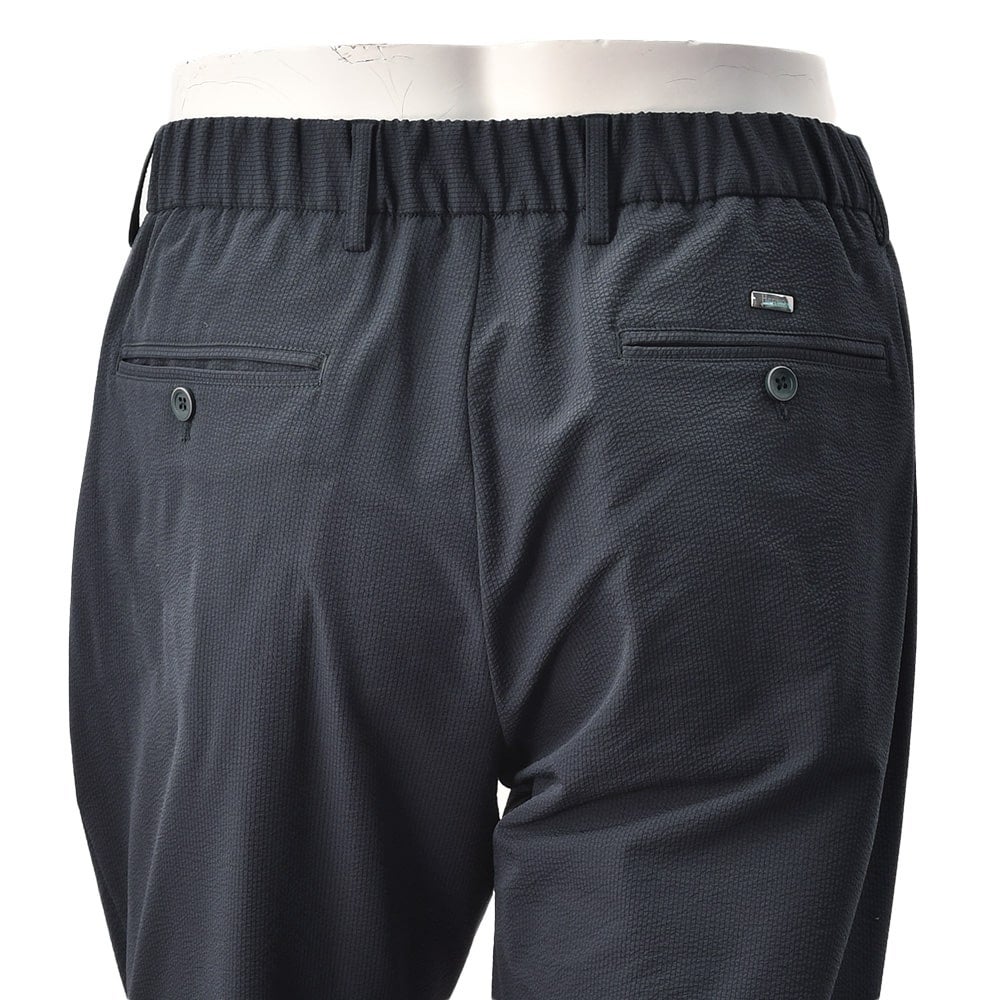 【preSALE!20%off】ヘルノHERNOテーパードパンツメンズシアサッカー生地1プリーツ仕様ネイビー紺PT000093Uゴムウエスト&ドローコードストレッチ国内正規品でらでら公式ブランド