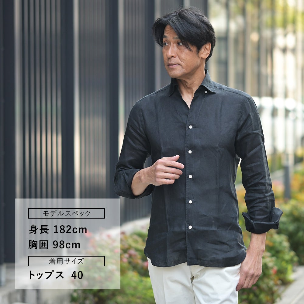 バルバBARBA長袖リネンシャツメンズカジュアルシャツCULTOクルトシリーズブラック黒スキッパーカラースリムシルエットヒドゥンボタンダウン仕様国内正規品でらでら公式ブランド