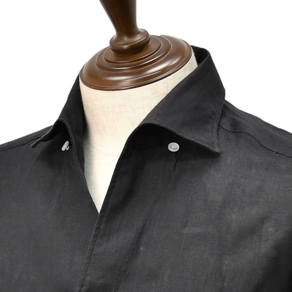 バルバBARBA長袖リネンシャツメンズカジュアルシャツCULTOクルトシリーズブラック黒スキッパーカラースリムシルエットヒドゥンボタンダウン仕様国内正規品でらでら公式ブランド
