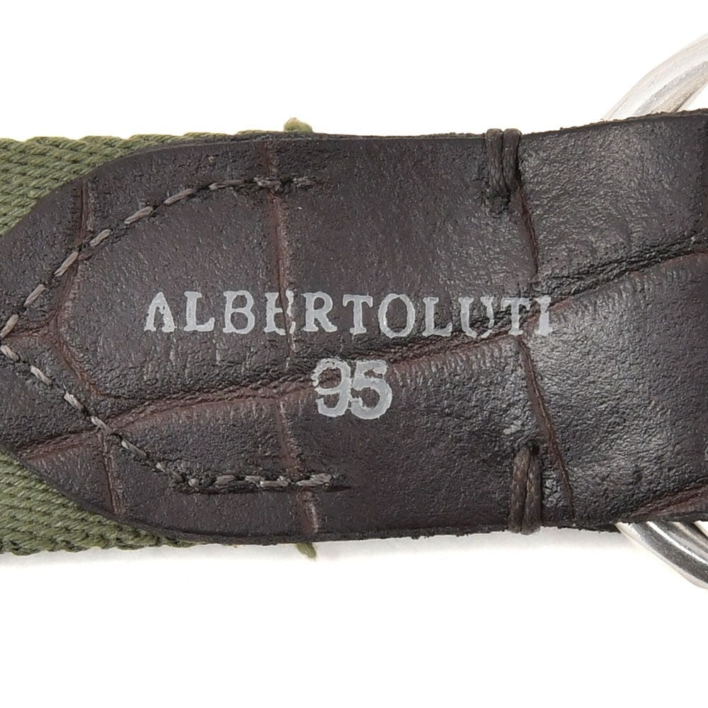 アルベルトルティALBERTOLUTIリングベルトメンズリボンベルトコットン×型押しレザーオリーブ×ホワイト3cm幅ブランド刻印シルバー真鍮バックル国内正規品でらでら公式ブランド