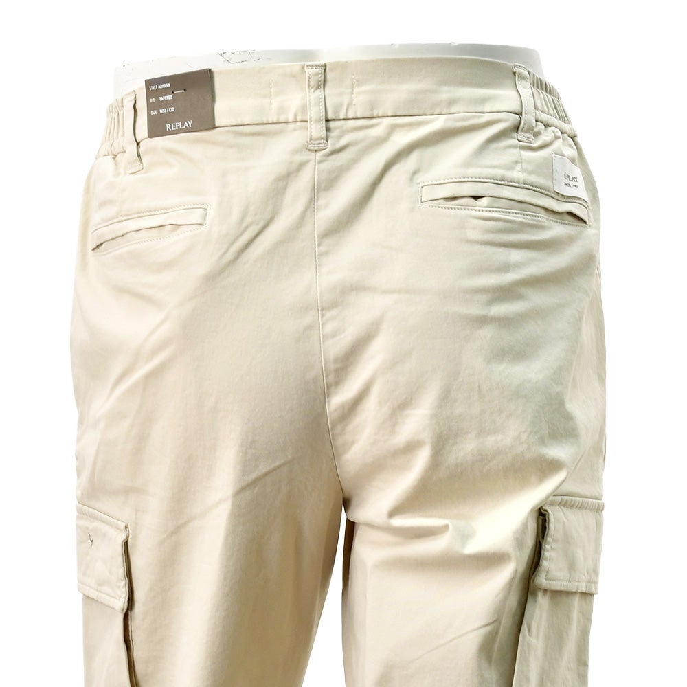 リプレイREPLAYカーゴパンツメンズテーパードパンツアダーンモデルADHANNストレッチコットンルツイルライトベージュサイドゴムシャーリング仕様国内正規品でらでら公式ブランド