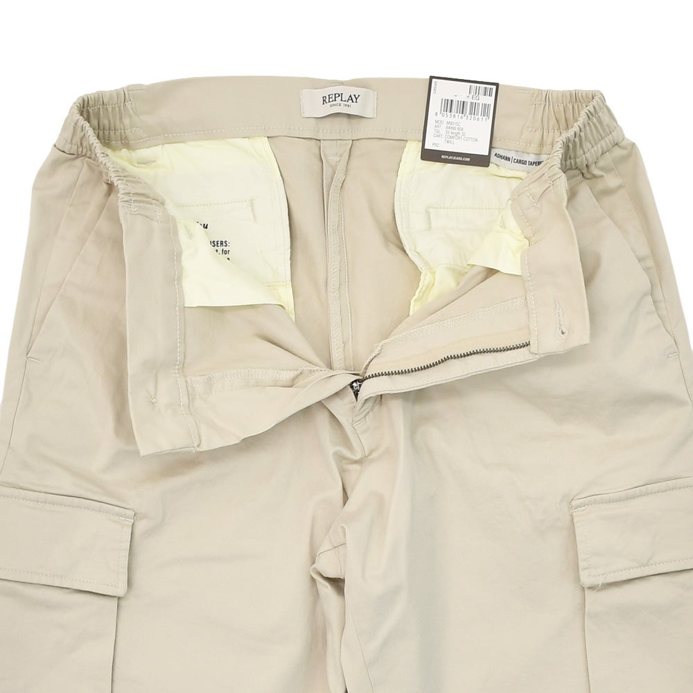 リプレイREPLAYカーゴパンツメンズテーパードパンツアダーンモデルADHANNストレッチコットンルツイルライトベージュサイドゴムシャーリング仕様国内正規品でらでら公式ブランド