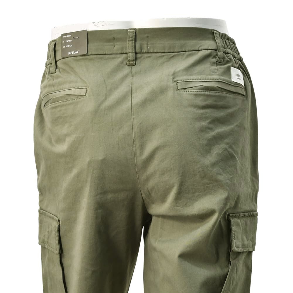 リプレイREPLAYカーゴパンツメンズテーパードパンツアダーンモデルADHANNストレッチコットンルツイルダークグリーンサイドゴムシャーリング仕様国内正規品でらでら公式ブランド
