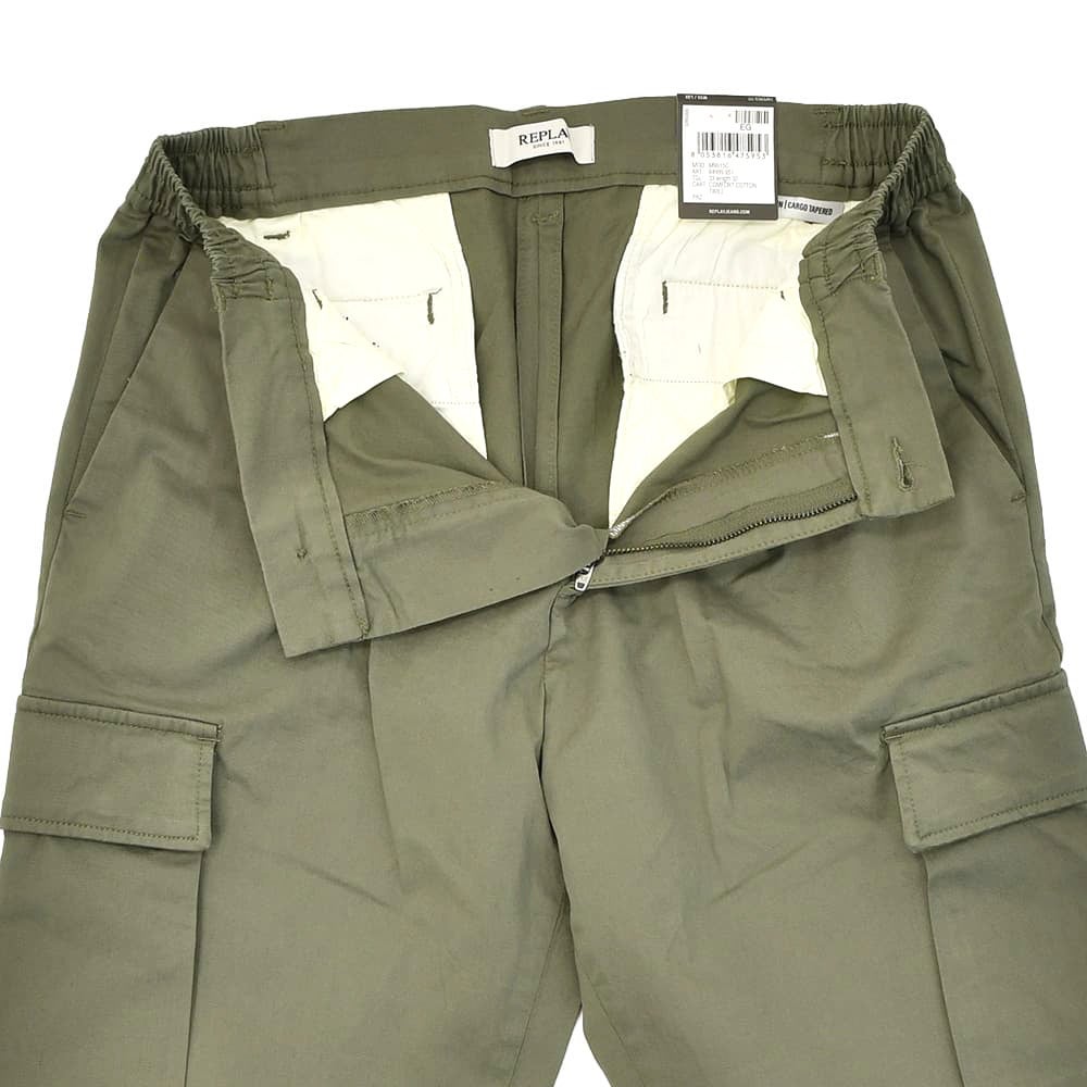 リプレイREPLAYカーゴパンツメンズテーパードパンツアダーンモデルADHANNストレッチコットンルツイルダークグリーンサイドゴムシャーリング仕様国内正規品でらでら公式ブランド