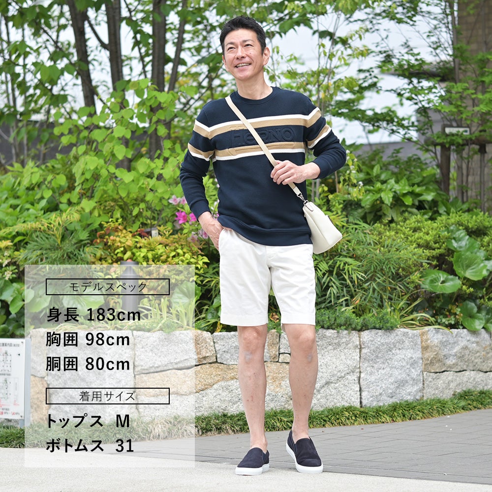 ヘルノHERNO長袖ニットメンズワッフル調ニットコットンピケジャージネイビー紺エンボスロゴクルーネック胸元・袖配色ライン鹿の子国内正規品でらでら公式ブランド