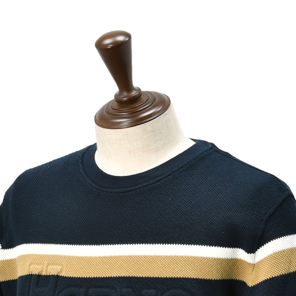 ヘルノHERNO長袖ニットメンズワッフル調ニットコットンピケジャージネイビー紺エンボスロゴクルーネック胸元・袖配色ライン鹿の子国内正規品でらでら公式ブランド