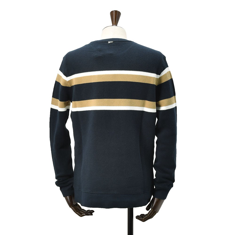 ヘルノHERNO長袖ニットメンズワッフル調ニットコットンピケジャージネイビー紺エンボスロゴクルーネック胸元・袖配色ライン鹿の子国内正規品でらでら公式ブランド