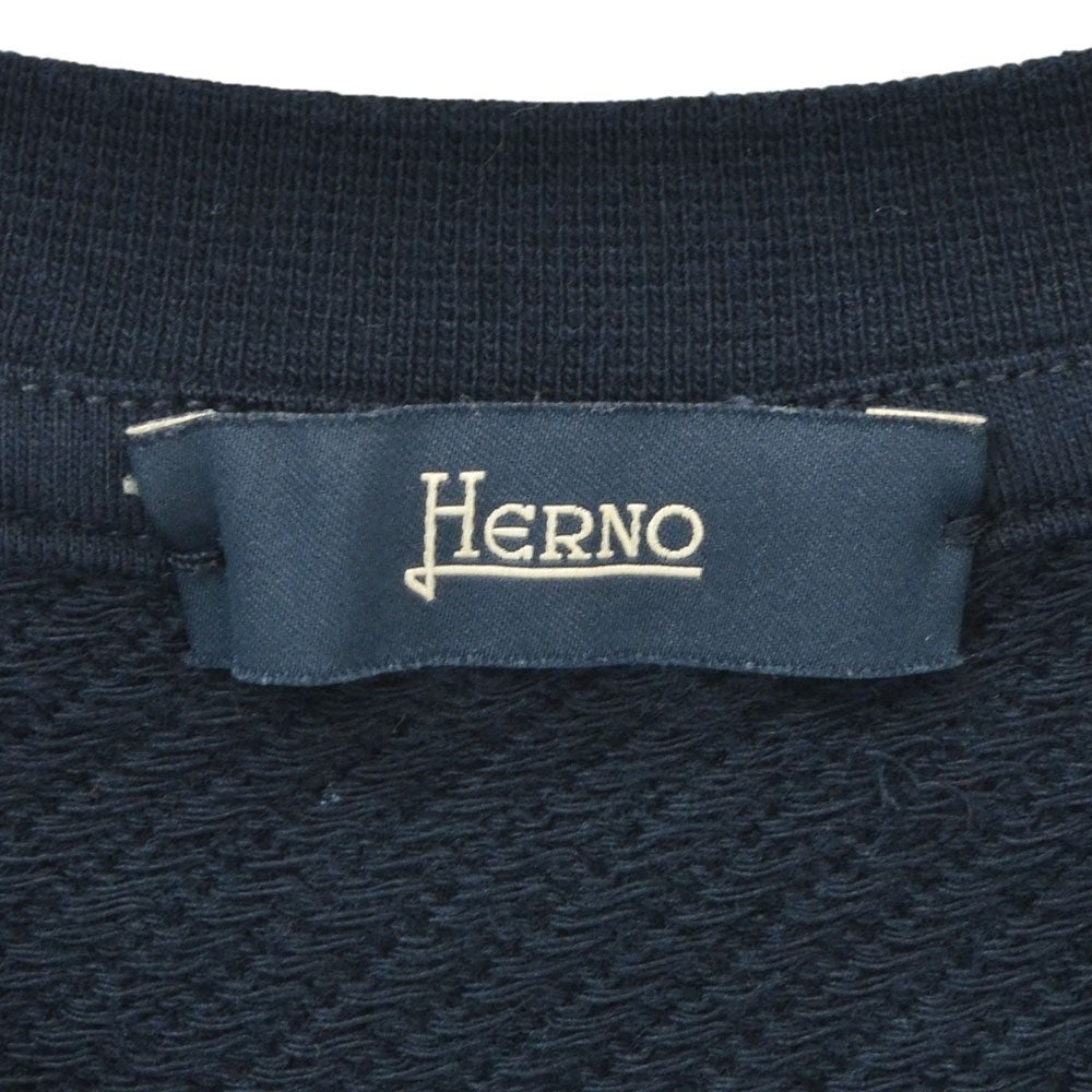ヘルノHERNO長袖ニットメンズワッフル調ニットコットンピケジャージネイビー紺エンボスロゴクルーネック胸元・袖配色ライン鹿の子国内正規品でらでら公式ブランド
