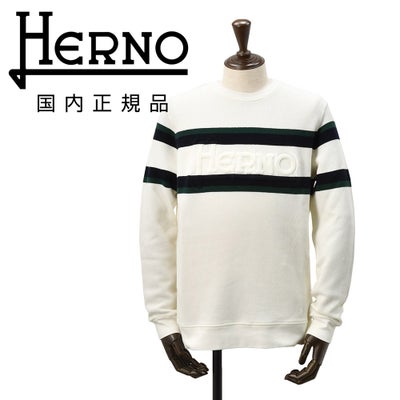 ヘルノHERNO長袖ニットメンズワッフル調ニットコットンピケジャージオフホワイトエンボスロゴクルーネック胸元・袖配色ライン鹿の子国内正規品でらでら公式ブランド
