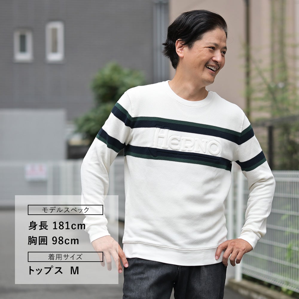 ヘルノHERNO長袖ニットメンズワッフル調ニットコットンピケジャージオフホワイトエンボスロゴクルーネック胸元・袖配色ライン鹿の子国内正規品でらでら公式ブランド