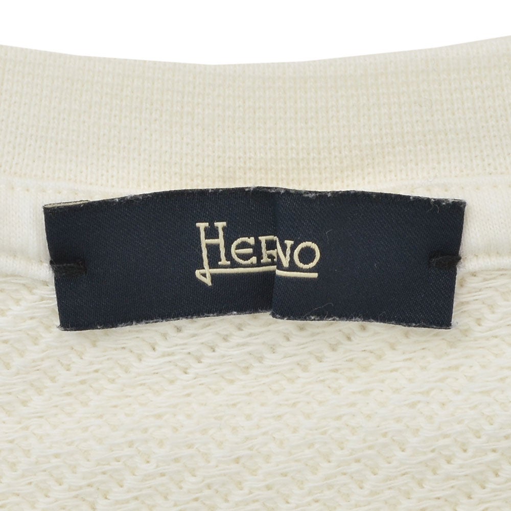 ヘルノHERNO長袖ニットメンズワッフル調ニットコットンピケジャージオフホワイトエンボスロゴクルーネック胸元・袖配色ライン鹿の子国内正規品でらでら公式ブランド