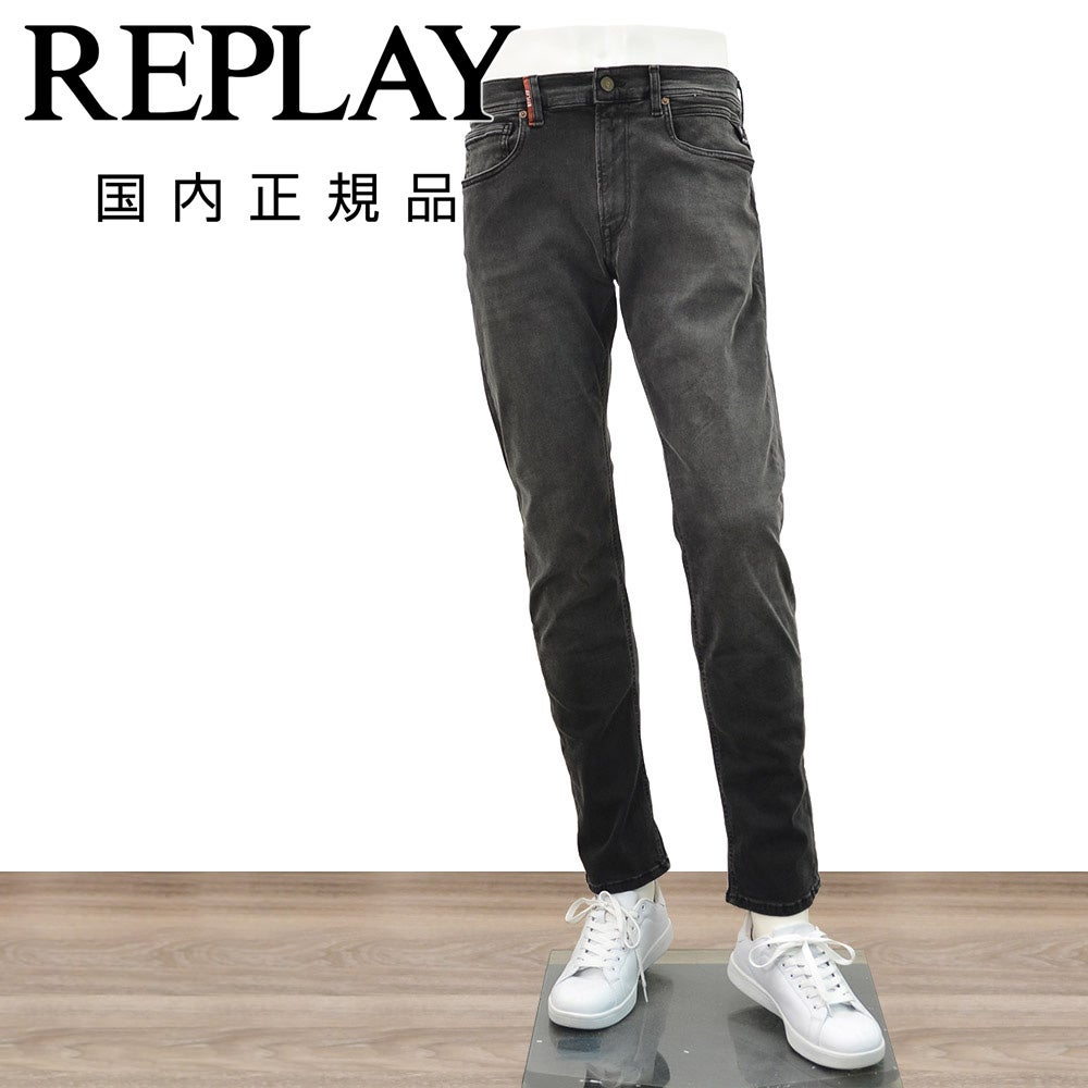 【75th記念ポイント2倍】リプレイREPLAYストレートデニムパンツメンズストレッチジーンズハイパーフレックスHYPERFLEXGROVERグローバーモデル11.5オンスブラックウォッシュレザーバックパッチ国内正規品でらでら公式ブランド